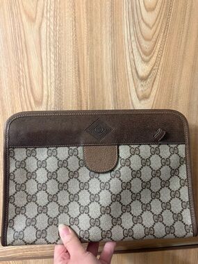 Auth Vintage Gucci Monogram GG Supreme Canvas Leather Clutch Wristlet Bag Hinge